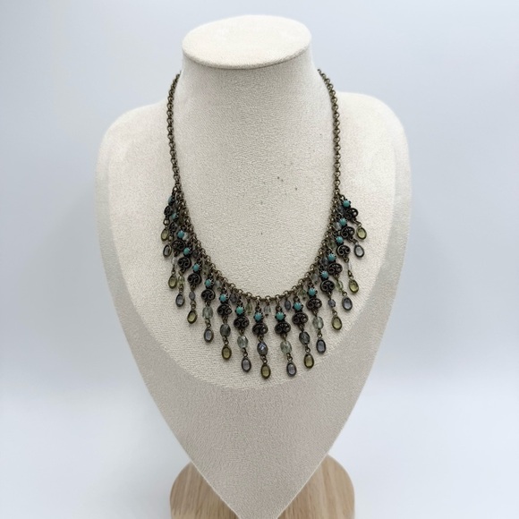 Avon Bohemian Antiqued Brass Turquoise Enamel Dangle Blue Green Bib Necklace - Picture 1 of 8